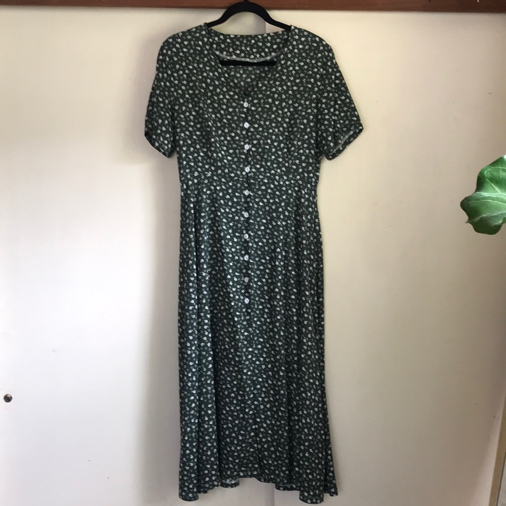 Green Floral Short Sleeve Button A-line MIDI Dress size small